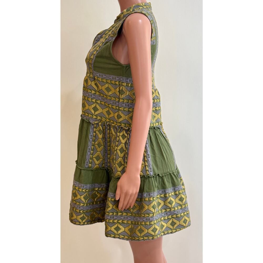 Lace The Label Embroidered Tiered Mini Dress Womens XS Green Gold Cotton Greece - Picture 5 of 13
